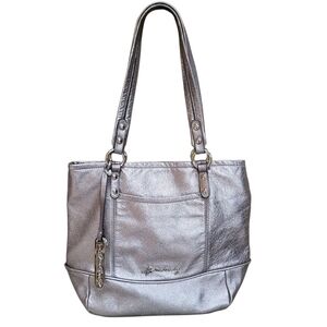 B. Makowsky Leather Metalic Silver Margene Large Tote Bag Handbag Purse